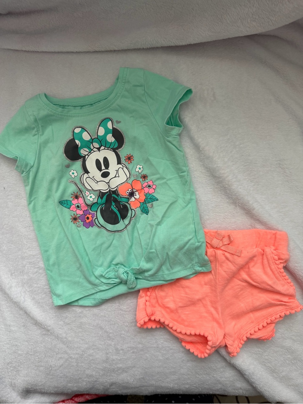 Girls Mint Green Minnie Graphic Short Sleeve Top & Coral Shorts Set
